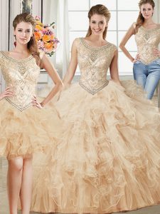 Inexpensive Three Piece Scoop Sleeveless Tulle Floor Length Lace Up Sweet 16 Quinceanera Dress in Champagne with Beading