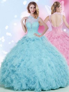 Sexy Baby Blue Tulle Lace Up High-neck Sleeveless Floor Length Vestidos de Quinceanera Beading and Ruffles