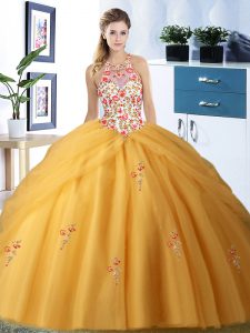 Gold Lace Up Halter Top Embroidery and Pick Ups Quinceanera Dresses Tulle Sleeveless