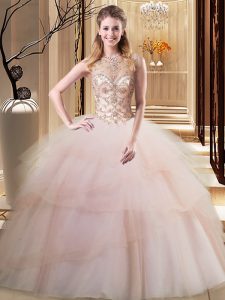 Attractive Scoop Beading and Ruffled Layers 15th Birthday Dress Peach Lace Up Sleeveless Brush Train