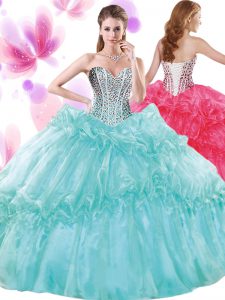 Artistic Floor Length Turquoise Sweet 16 Quinceanera Dress Organza Sleeveless Beading and Pick Ups
