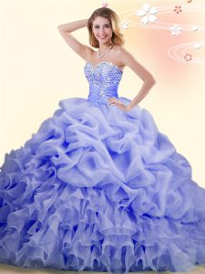 Fabulous Organza Sleeveless With Train Ball Gown Prom Dress Brush Train and Beading and Ruffles and Pick Ups