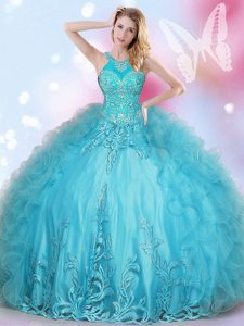Simple Aqua Blue Tulle Lace Up Halter Top Sleeveless Floor Length Sweet 16 Dresses Beading and Appliques