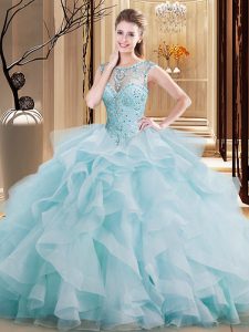 Captivating Scoop Beading and Ruffles Ball Gown Prom Dress Light Blue Lace Up Sleeveless Brush Train