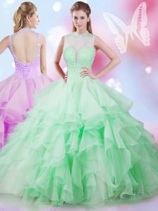 Edgy Apple Green Quinceanera Dress Military Ball and Sweet 16 and Quinceanera and For with Beading and Ruffles High-neck