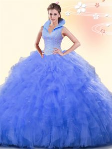Elegant Sleeveless Tulle Floor Length Backless Sweet 16 Quinceanera Dress in Blue with Beading and Ruffles