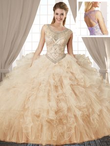 Fancy Champagne Lace Up Scoop Beading and Ruffles Quinceanera Gown Tulle Sleeveless