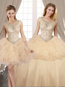 Fantastic Three Piece Scoop Sleeveless Lace Up Quinceanera Gown Champagne Organza and Tulle