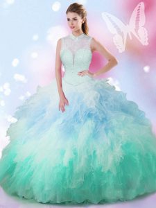Sumptuous Sleeveless Floor Length Beading and Ruffles Lace Up 15th Birthday Dress with Multi-color