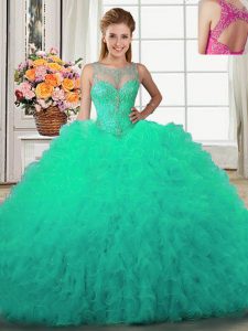 Best Floor Length Turquoise Quinceanera Dresses Scoop Sleeveless Lace Up
