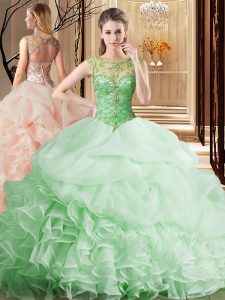 Scoop Apple Green Organza Lace Up Ball Gown Prom Dress Sleeveless Brush Train Beading and Ruffles and Pick Ups