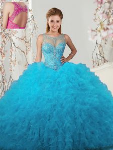 Baby Blue Quinceanera Dress Military Ball and Sweet 16 and Quinceanera and For with Beading and Ruffles Scoop Sleeveless