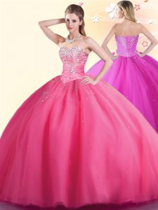 Hot Pink Sleeveless Beading Floor Length Vestidos de Quinceanera