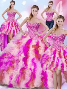 Best Selling Four Piece Multi-color Ball Gowns Beading and Ruffles Quinceanera Dresses Lace Up Tulle Sleeveless Floor Le