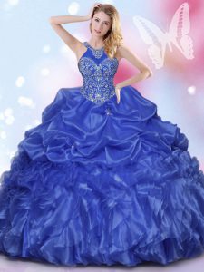 Low Price Halter Top Royal Blue Ball Gowns Appliques and Ruffles and Pick Ups Quinceanera Gowns Lace Up Organza Sleevele