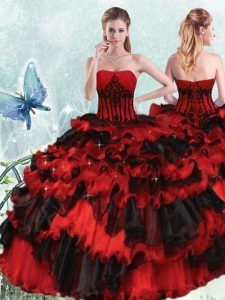Ideal Red And Black Sleeveless Appliques and Ruffled Layers Floor Length Ball Gown Prom Dress