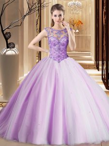 Fitting Lavender Ball Gowns Tulle Scoop Sleeveless Beading Lace Up Sweet 16 Quinceanera Dress Brush Train