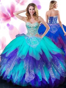 Lovely Multi-color Ball Gowns Tulle Sweetheart Sleeveless Beading and Ruffles Floor Length Lace Up Quinceanera Gowns