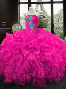 Extravagant Fuchsia Ball Gowns Embroidery and Ruffles Sweet 16 Dresses Lace Up Organza Sleeveless Floor Length