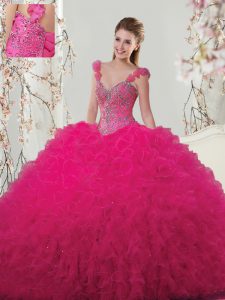 Modest Hot Pink Quinceanera Gowns Military Ball and Sweet 16 and Quinceanera and For with Beading and Ruffles and Hand M