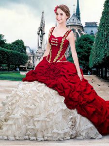 Straps White And Red Lace Up Ball Gown Prom Dress Beading and Ruffles and Pick Ups Sleeveless With Brush Train