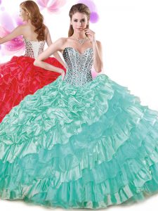 Exquisite Turquoise Ball Gowns Sweetheart Sleeveless Organza and Taffeta Floor Length Lace Up Beading and Ruffled Layers