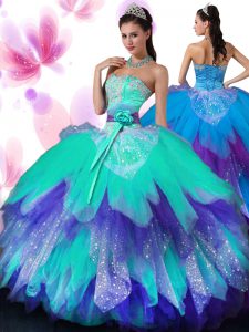 Glamorous Floor Length Multi-color Quinceanera Dresses Tulle Sleeveless Appliques and Ruffled Layers and Hand Made Flowe