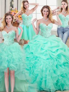 Cute Four Piece Apple Green Lace Up Quinceanera Dresses Beading and Ruffles and Pick Ups Sleeveless Floor Length