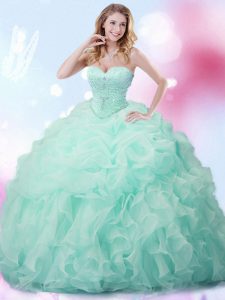 With Train Lace Up Sweet 16 Dresses Apple Green for Military Ball and Sweet 16 and Quinceanera with Beading and Ruffles 