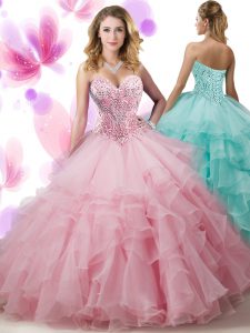 Customized Pink Sweetheart Neckline Beading and Ruffled Layers Quince Ball Gowns Sleeveless Lace Up