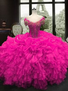 Cap Sleeves Beading and Ruffles Lace Up Quinceanera Gown