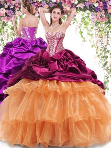 Pick Ups Ruffled Sweetheart Sleeveless Brush Train Lace Up Sweet 16 Dress Multi-color Organza and Taffeta