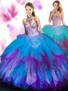 Multi-color Ball Gowns Sweetheart Sleeveless Tulle Floor Length Lace Up Beading and Ruffled Layers Quince Ball Gowns
