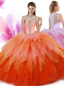 Sleeveless Tulle Floor Length Zipper Quince Ball Gowns in Multi-color with Beading and Ruffles