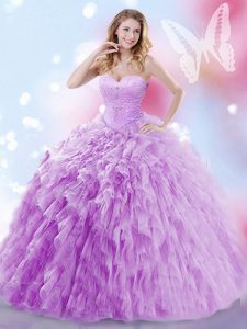 Lavender Tulle Lace Up Sweetheart Sleeveless Quinceanera Gowns Brush Train Beading and Ruffles