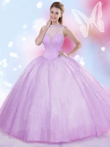 Lavender Ball Gowns High-neck Sleeveless Tulle Floor Length Lace Up Beading Sweet 16 Quinceanera Dress