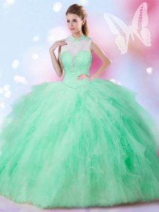 Excellent High-neck Sleeveless Tulle Quinceanera Gowns Beading and Ruffles Lace Up
