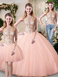 Colorful Peach Scoop Lace Up Beading Quinceanera Dress Sleeveless