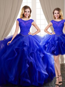 Three Piece Royal Blue Sweet 16 Dress Military Ball and Sweet 16 and Quinceanera and For with Beading and Appliques and 