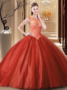 Sophisticated Scoop Sleeveless Beading Lace Up Quinceanera Dress with Wine Red Brush Train