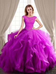 Classical Tulle Scoop Cap Sleeves Brush Train Lace Up Beading and Appliques and Ruffles Sweet 16 Dress in Fuchsia