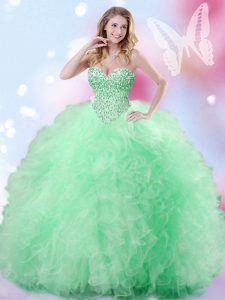 Charming Sweetheart Sleeveless Quinceanera Dress Floor Length Beading and Ruffles Apple Green Tulle