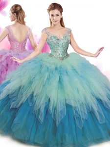 Ball Gowns 15th Birthday Dress Multi-color V-neck Tulle Cap Sleeves Floor Length Lace Up