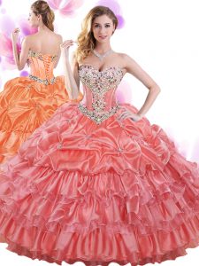 Sweetheart Sleeveless Organza 15 Quinceanera Dress Beading and Ruffled Layers and Pick Ups Lace Up