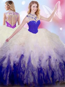 Luxurious Sleeveless Floor Length Beading and Ruffles Zipper Quince Ball Gowns with White And Purple