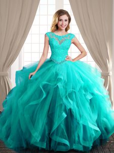 Simple Scoop Turquoise Lace Up Sweet 16 Quinceanera Dress Beading and Appliques and Ruffles Cap Sleeves With Brush Train