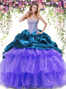 Romantic Multi-color Lace Up Sweetheart Beading and Ruffled Layers and Pick Ups Ball Gown Prom Dress Organza and Taffeta