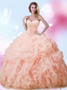 Simple Peach Sleeveless Brush Train Beading and Ruffles and Pick Ups With Train Quinceanera Gown