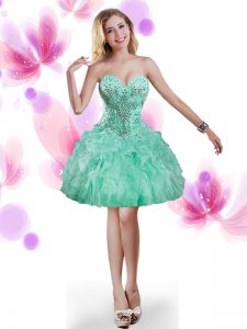 Gorgeous Sleeveless Mini Length Beading and Ruffles Lace Up Prom Gown with Turquoise
