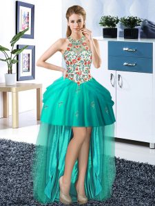 Halter Top High Low Turquoise Prom Dresses Tulle Sleeveless Embroidery and Pick Ups